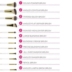 12 Pieces BH White & Pink Studded Elegance Makeup Brush Set